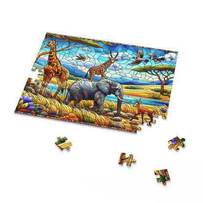 Stained Glass African Savanna forest landscape scene Jigsaw Puzzle (120, 252, 500-Piece)