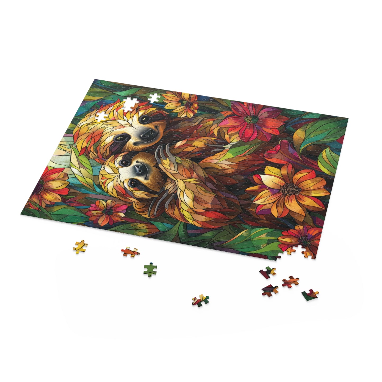 Faux Stained Glass Cuddling Sloth Puzzle Box (120, 252, 500-Piece) Family Jigsaw Puzzle, Puzzle Box Gift