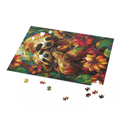 Faux Stained Glass Cuddling Sloth Puzzle Box (120, 252, 500-Piece) Family Jigsaw Puzzle, Puzzle Box Gift