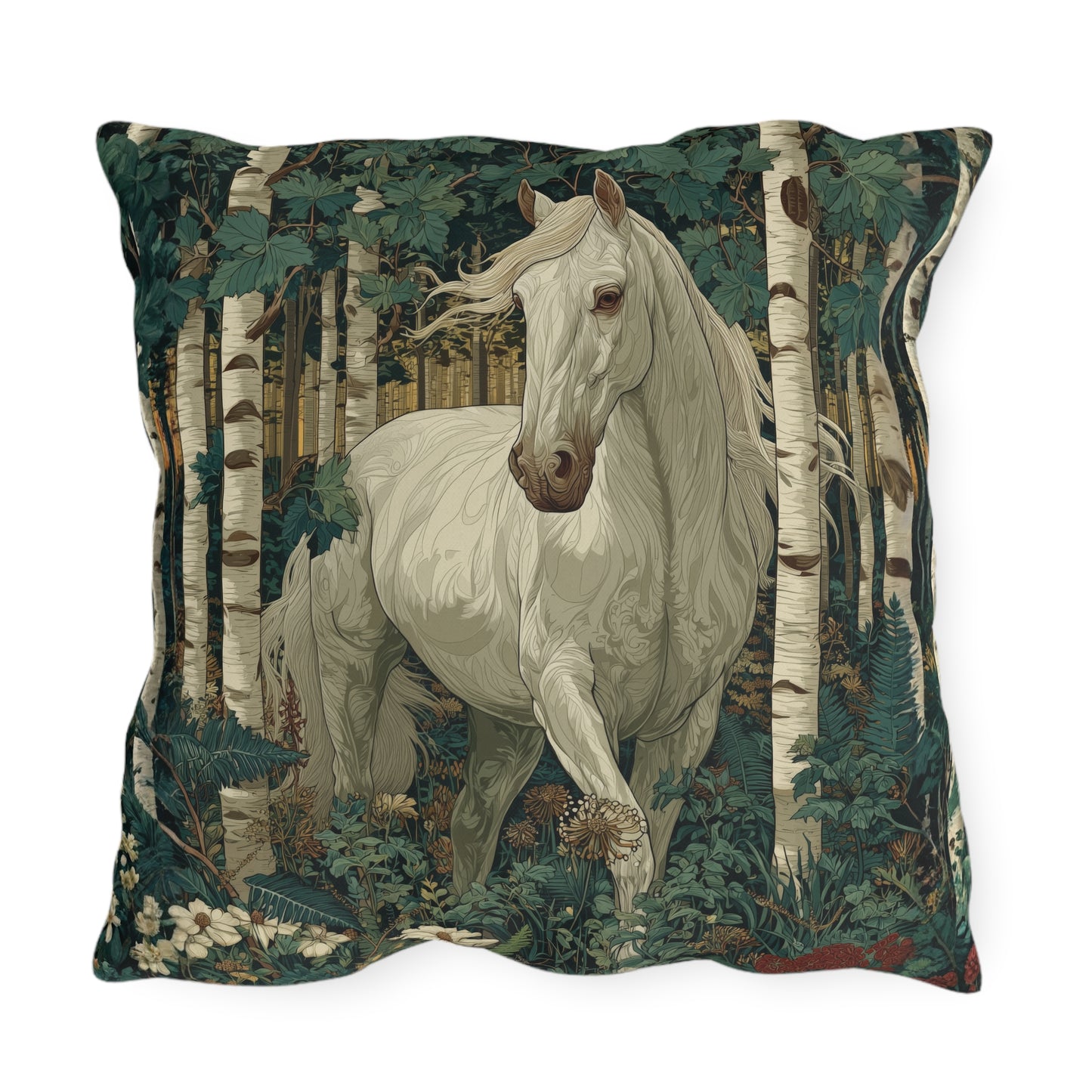 White Horse Forest Outdoor Pillow, Woodland Horse Throw Pillow, Rustic Cabin Cushion, Nature Animal Accent Pillow, Farmhouse Decor, Equestrian Gift Pillow
