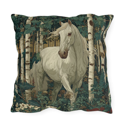 White Horse Forest Outdoor Pillow, Woodland Horse Throw Pillow, Rustic Cabin Cushion, Nature Animal Accent Pillow, Farmhouse Decor, Equestrian Gift Pillow