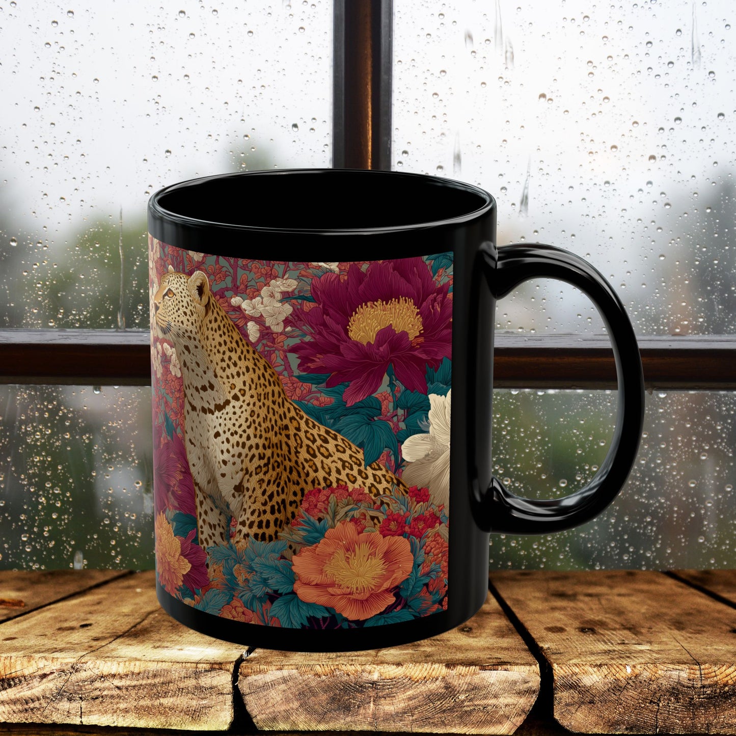 Floral Leopard Mug, Black Ceramic Jungle Coffee Cup 11oz & 15oz – Tropical Wild Cat Art Gift for Animal Lovers & Home Decor
