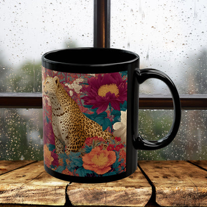 Floral Leopard Mug, Black Ceramic Jungle Coffee Cup 11oz & 15oz – Tropical Wild Cat Art Gift for Animal Lovers & Home Decor