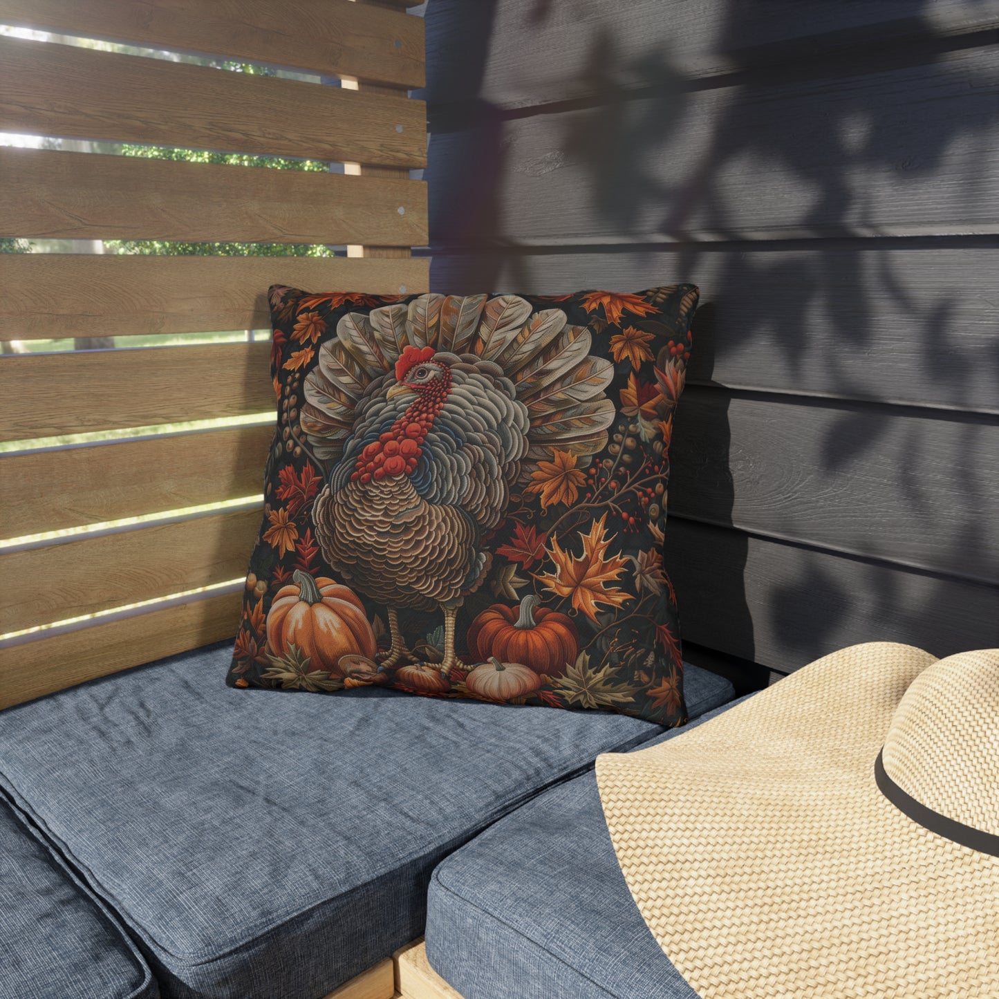 Thanksgiving Turkey Outdoor Pillow, Fall Harvest Throw Pillow, Autumn Pumpkin Cushion, Rustic Seasonal Decor, Farmhouse Accent Pillow