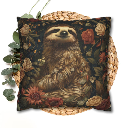 Floral Sloth Decorative Pillowcase, Vintage Botanical Accent Cushion