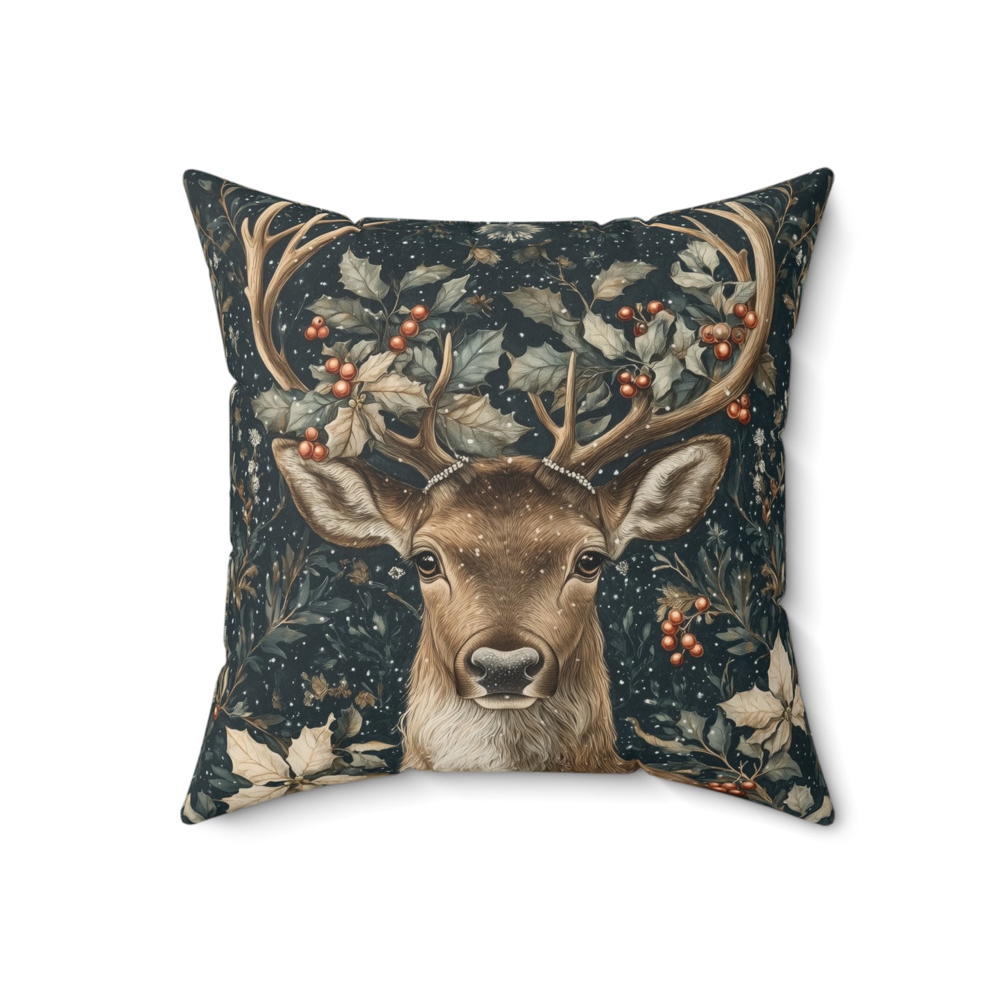 Christmas Reindeer Winter Pillow, William Morris Style Festive Woodland Decorative Cushion