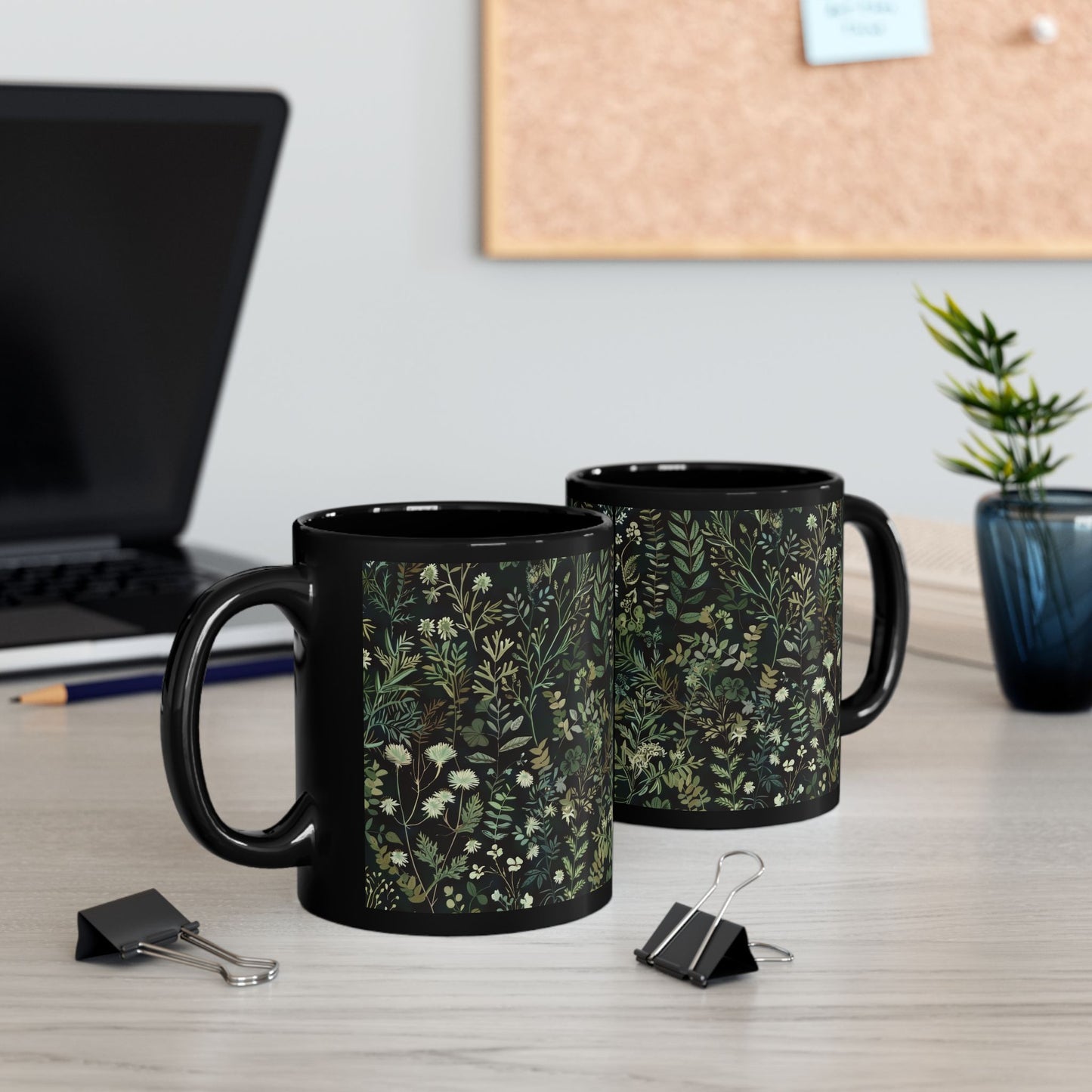 William Morris Inspired Green Botanical Black Coffee Mug 11oz, 15 oz