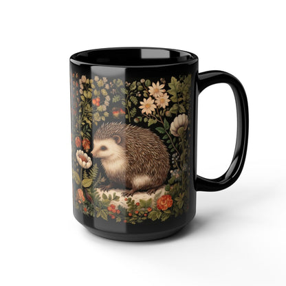 William Morris Inspired Botanical Hedgehog Black Coffee Mug For Her Him Ceramic Mug Black Mug 11oz, 15oz