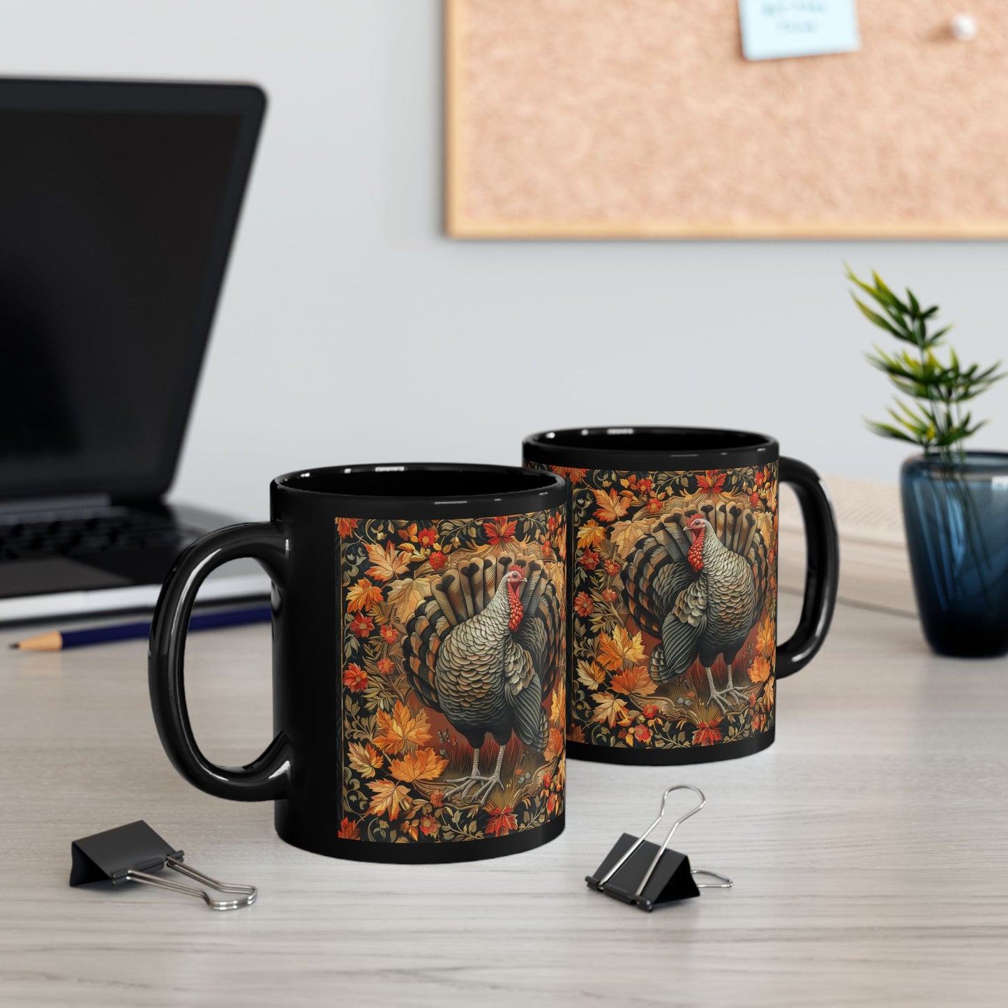 Fall Turkey William Morris Inspired Black Coffee Mug For Her Him Ceramic Mug Black Mug 11oz, 15oz