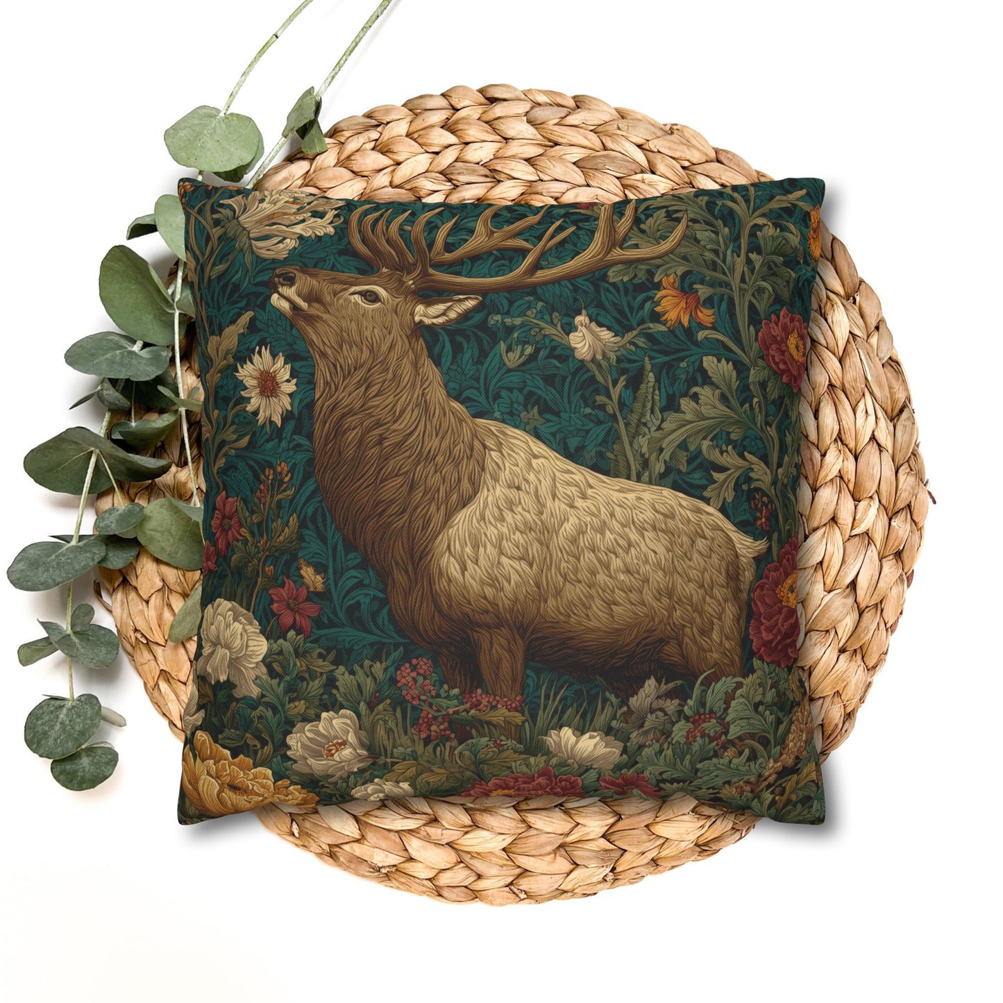 Majestic Elk Floral Pillowcase, William Morris Inspired Woodland Elf Decorative Pillow