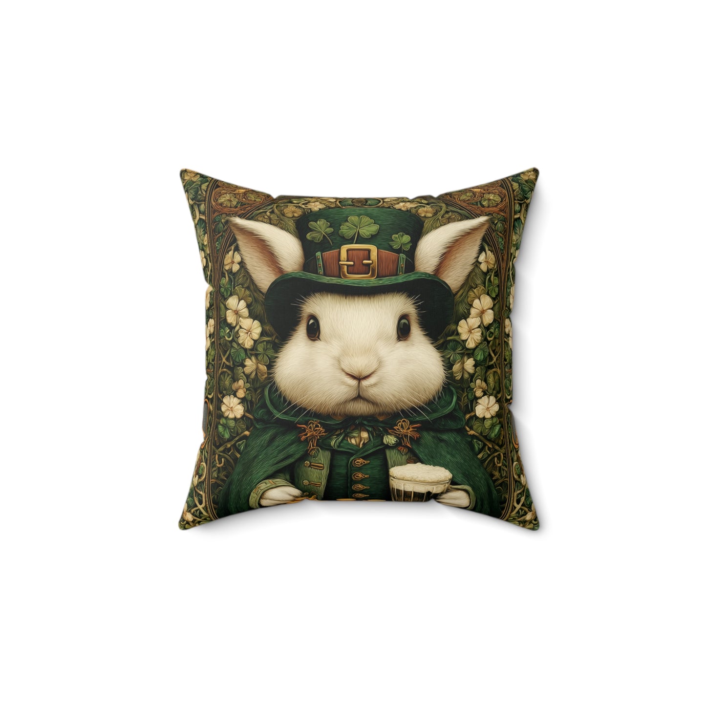 Leprechaun Bunny Decorative Pillow, St Patrick Day William Morris Style Rabbit Cushion