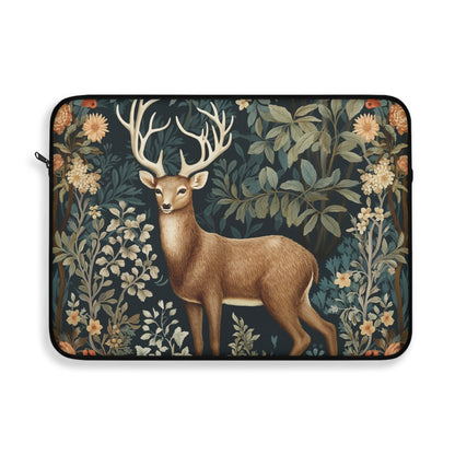 Woodland Deer Laptop Sleeve, William Morris Inspired Forest Botanical Art Case, Elegant Nature Animal Laptop Cover (12”, 13”, 15”)
