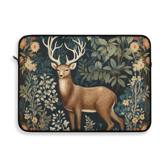 Woodland Deer Laptop Sleeve, William Morris Inspired Forest Botanical Art Case, Elegant Nature Animal Laptop Cover (12”, 13”, 15”)