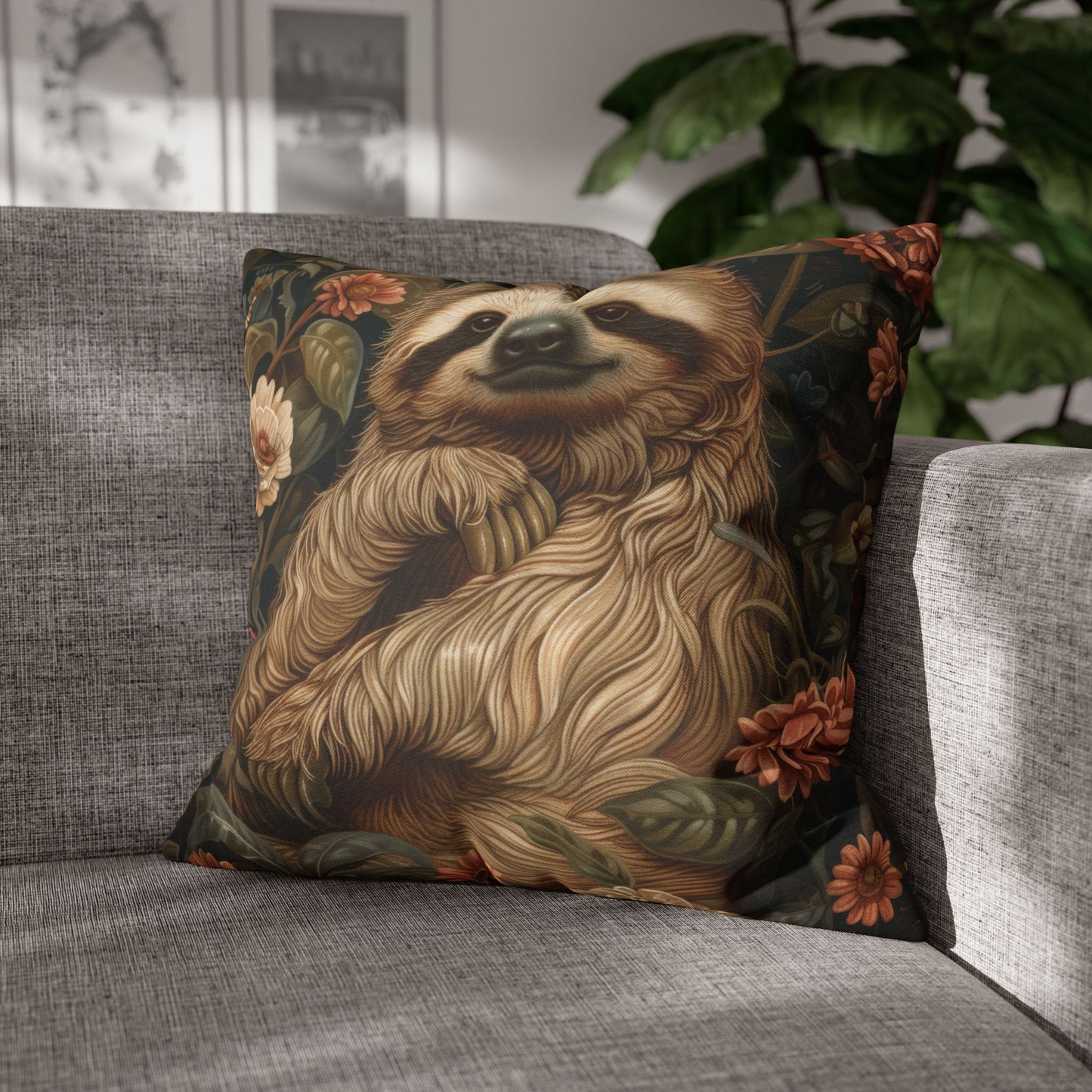 Botanical Sloth Pillowcase, Cozy Woodland Animal Cushion, William Morris Inspired Floral Throw Pillowcase