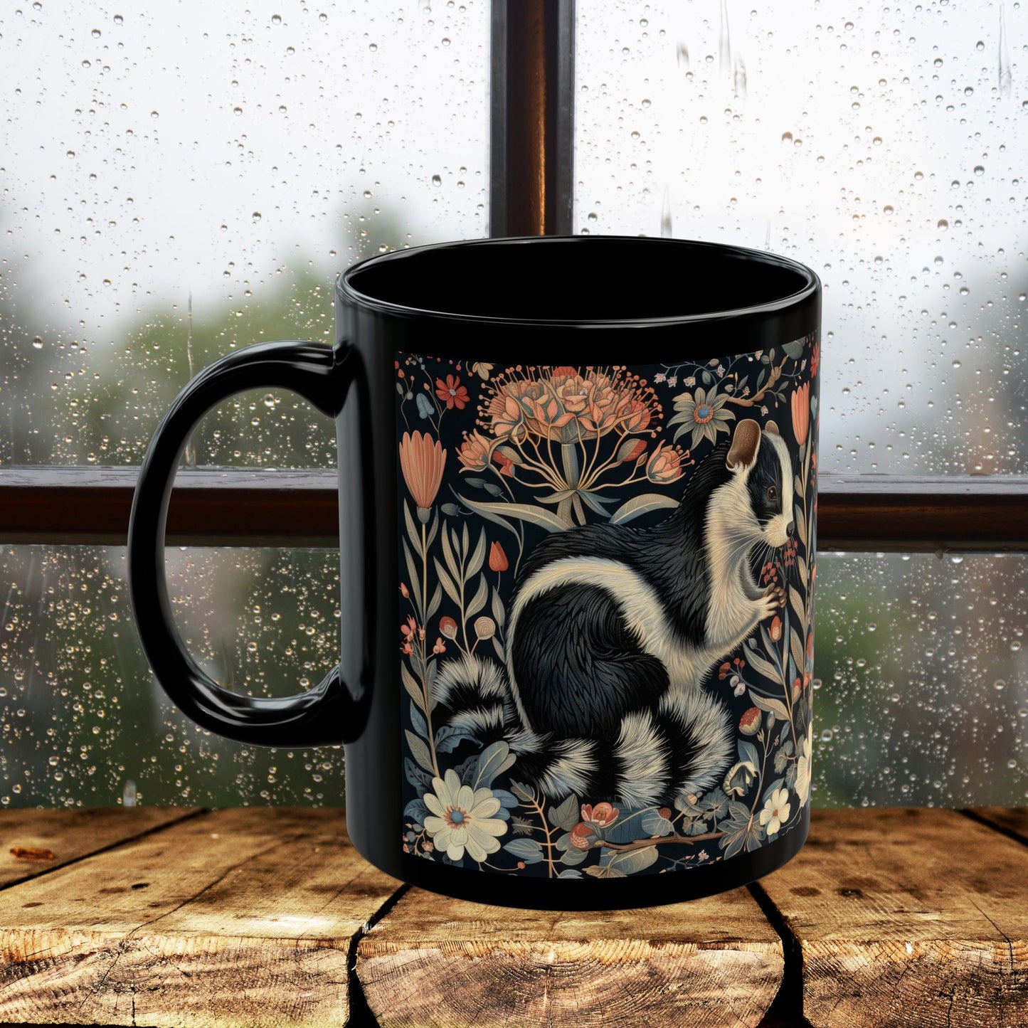William Morris Inspired Floral Skunk Art Nouveau Coffee Mug For Her Him Ceramic Mug Black Mug 11oz, 15oz