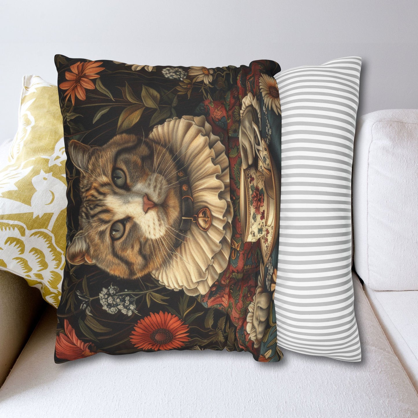 Victorian Style Portrait Of Rococo Cat, Tea Time in The Garden Decorative Pillowcase