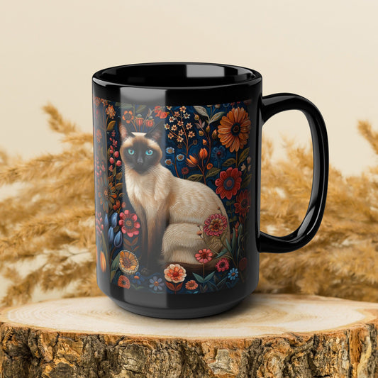 Siamese Cat Coffee Mug: William Morris Floral Design, Black Ceramic (11oz, 15oz)