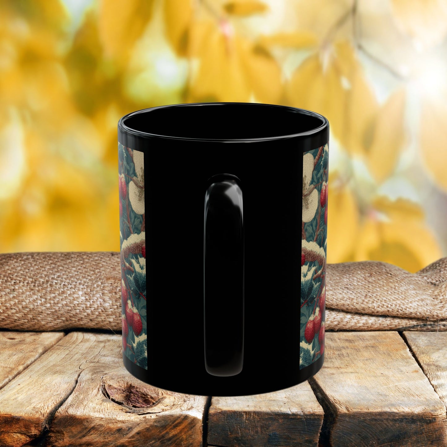 Waxwing Bird Vintage Berry Botanical Black Mug (11oz,15oz) Nature Lover Wildlife Art Gift