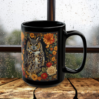 Autumn Great Horned Owl Black Coffee Mug, Fall Floral Wildlife Art, Woodland Animal Coffee Cup, Nature Lover Gift