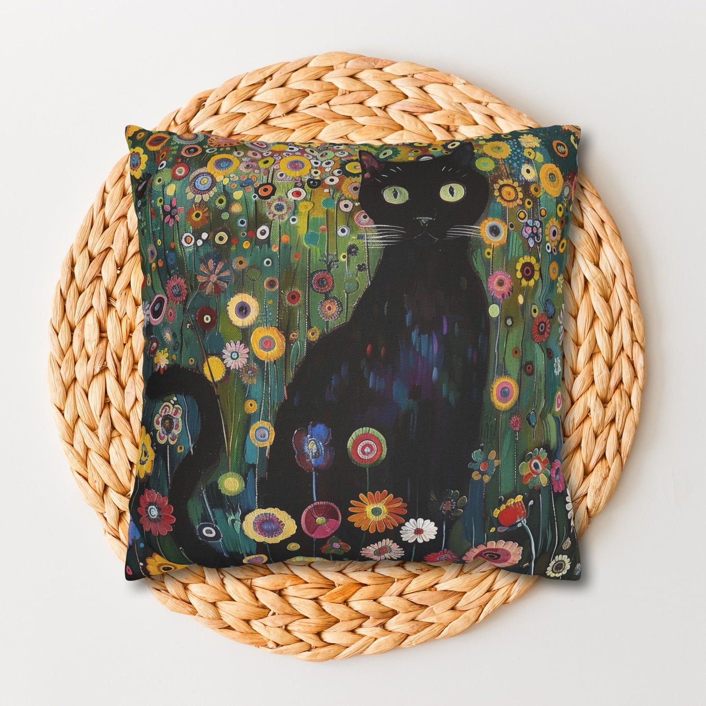 Whimsical Cat Floral Mewdow Square Pillowcase, Gustav Klimt Home Decor, Black Cat Cushion