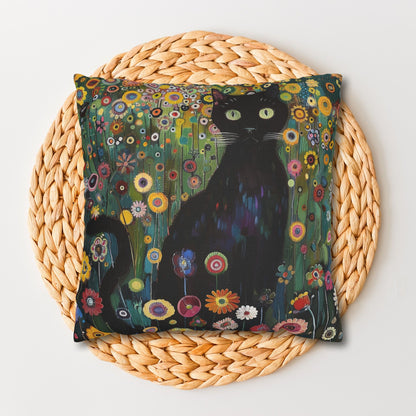 Whimsical Cat Floral Mewdow Square Pillowcase, Gustav Klimt Home Decor, Black Cat Cushion