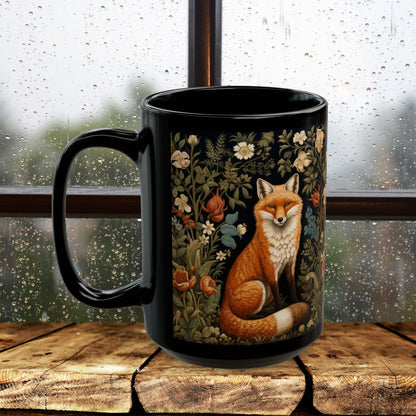 Botanical Floral Fox William Morris Inspired Black Mug (11oz ,15 oz), Gift for Nature Lovers, Coffee Tea Mug, Unique Kitchen Decor,