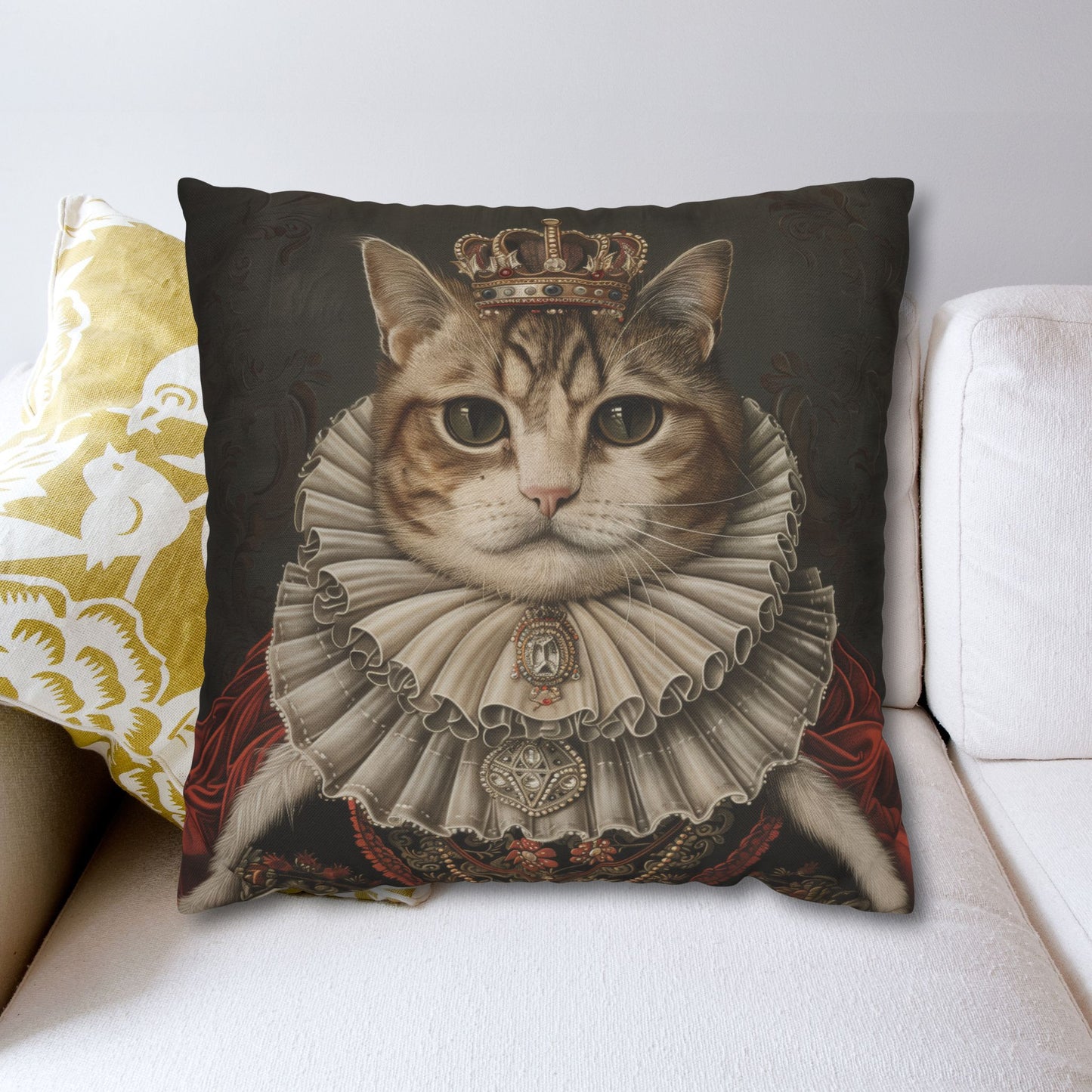 Royal Cat Pillowcase,  Aristocratic Kitty Cushion in Crown & Renaissance Attire, Whimsical Pet Portrait Home Décor