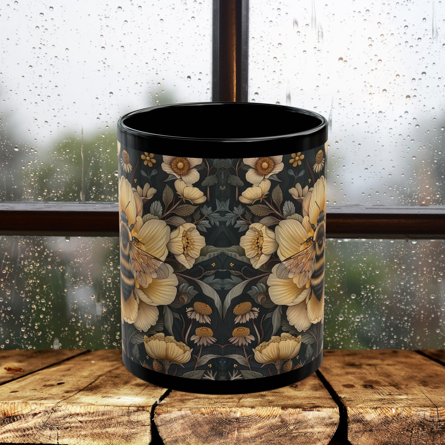 Botanical Bumblebee William Morris Inspired Black Coffee Mug For Her Him Ceramic Mug Black Mug 11oz, 15oz