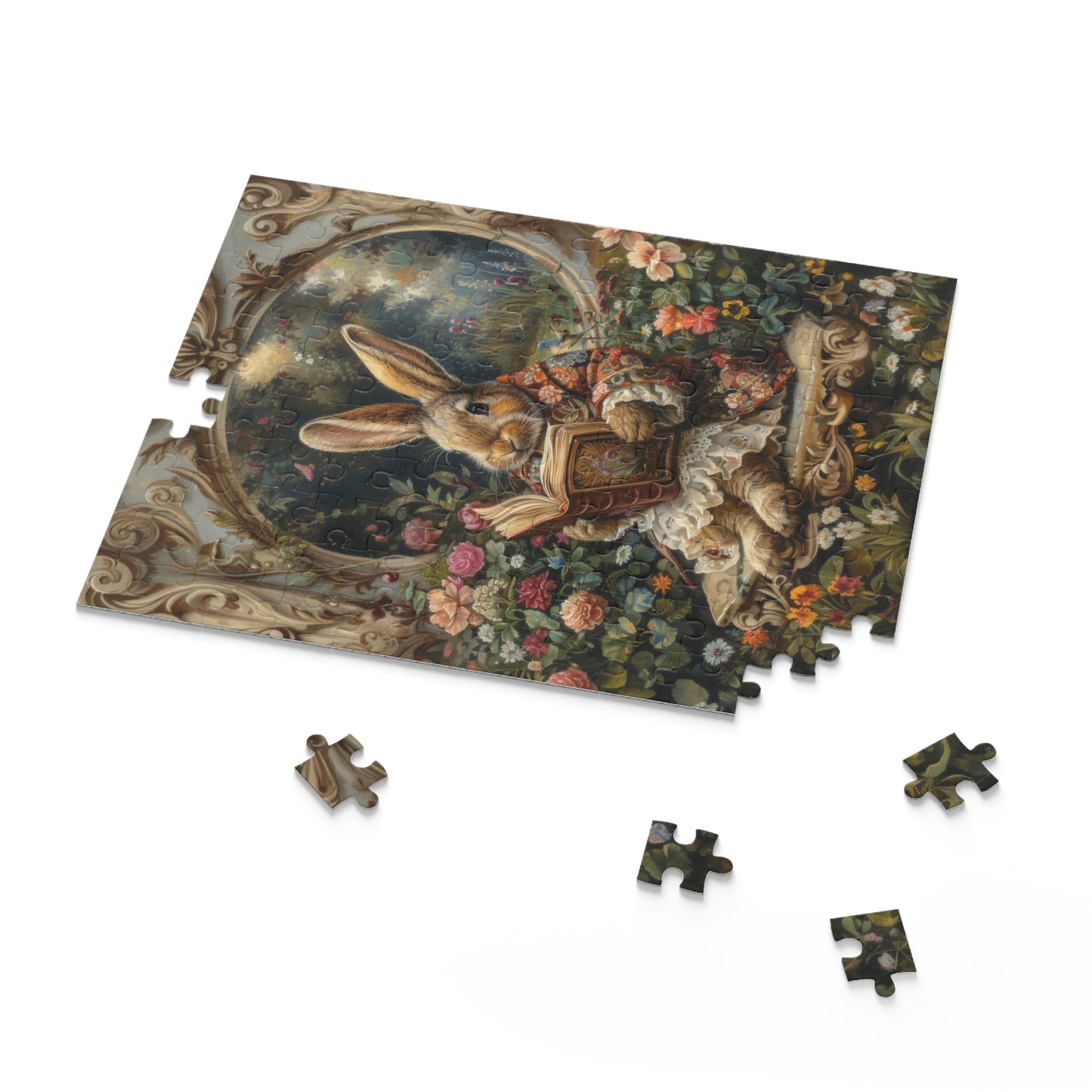 William Morris inspired Rococo Bunny With Vintage Book Jigsaw Puzzle Box (120, 252, 500-Piece) Family Jigsaw Puzzle, Puzzle Box Gift