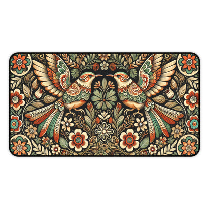 Folk Art of Two Birds and  Flowers Pattern Desk Mat 2 Sizes | Office Decor Gift Desk Mats