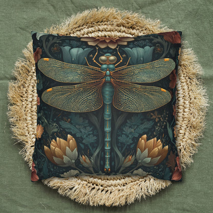 William Morris Inspired Dragonfly Pillowcase, Teal Botanical Art Nouveau Dragonfly Floral Decorative Pillow Cover