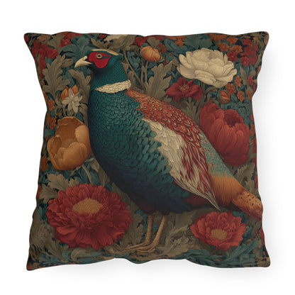 Pheasant & Peony Outdoor Pillow, Dark Academia Floral Botanical Cushion