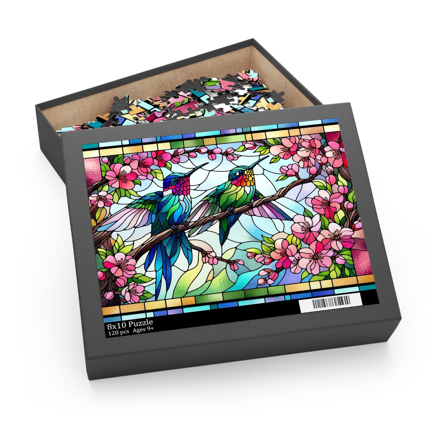 Stained Glass Hummingbirds Spring Cherry Blossom Puzzle Box (120, 252, 500-Piece) Adult Jigsaw Puzzle, Gift Him Her
