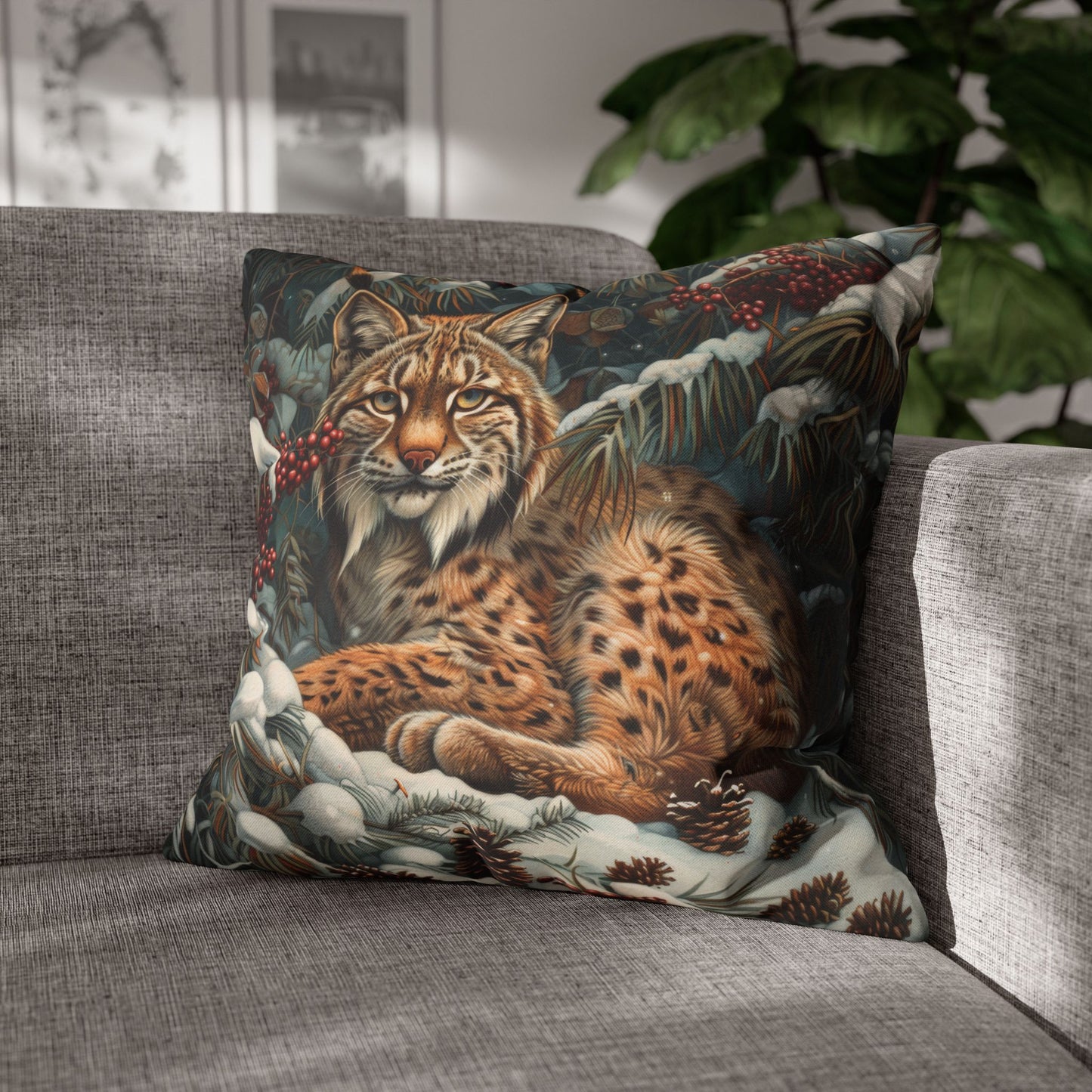 William Morris Inspired Snow Lynx Crouched Pillowcase