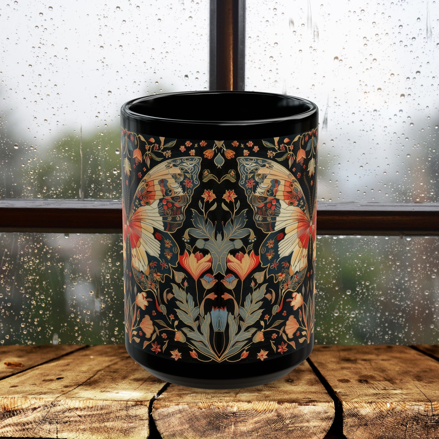 Enchanting Butterfly in the Style of William Morris, Woodland Blossoms Floral Botanical Design Black Mug 11oz, 15 oz
