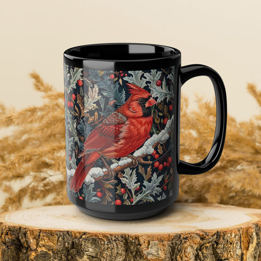 Red Cardinal Among Winter Florals Black Mug (11oz, 15oz)