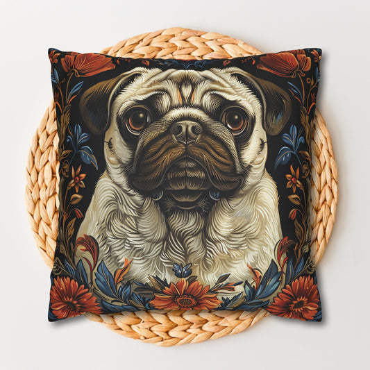 William Morris Inspired Pug Dog  Decorative Pug  Spun Polyester Square Pillowcase