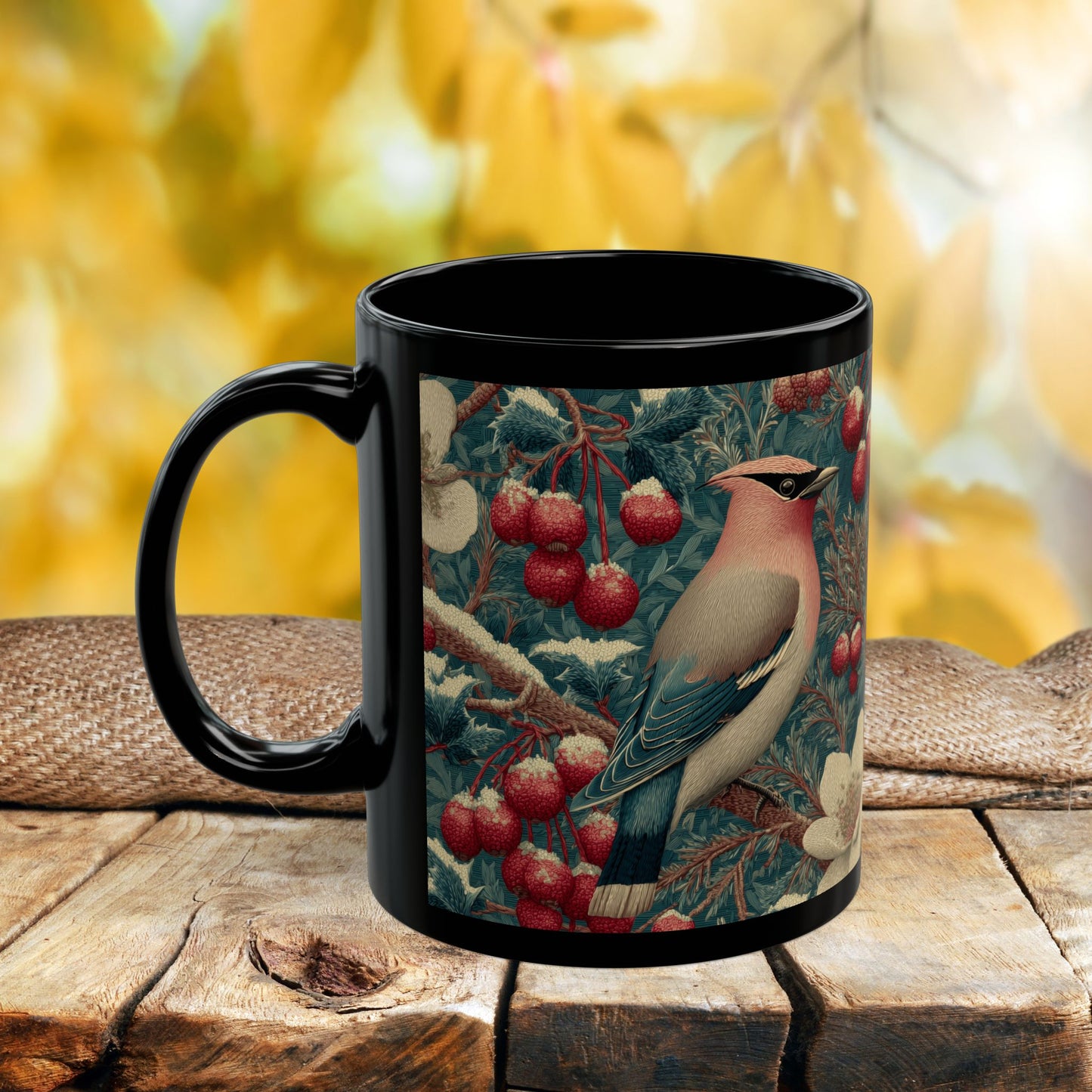 Waxwing Bird Vintage Berry Botanical Black Mug (11oz,15oz) Nature Lover Wildlife Art Gift