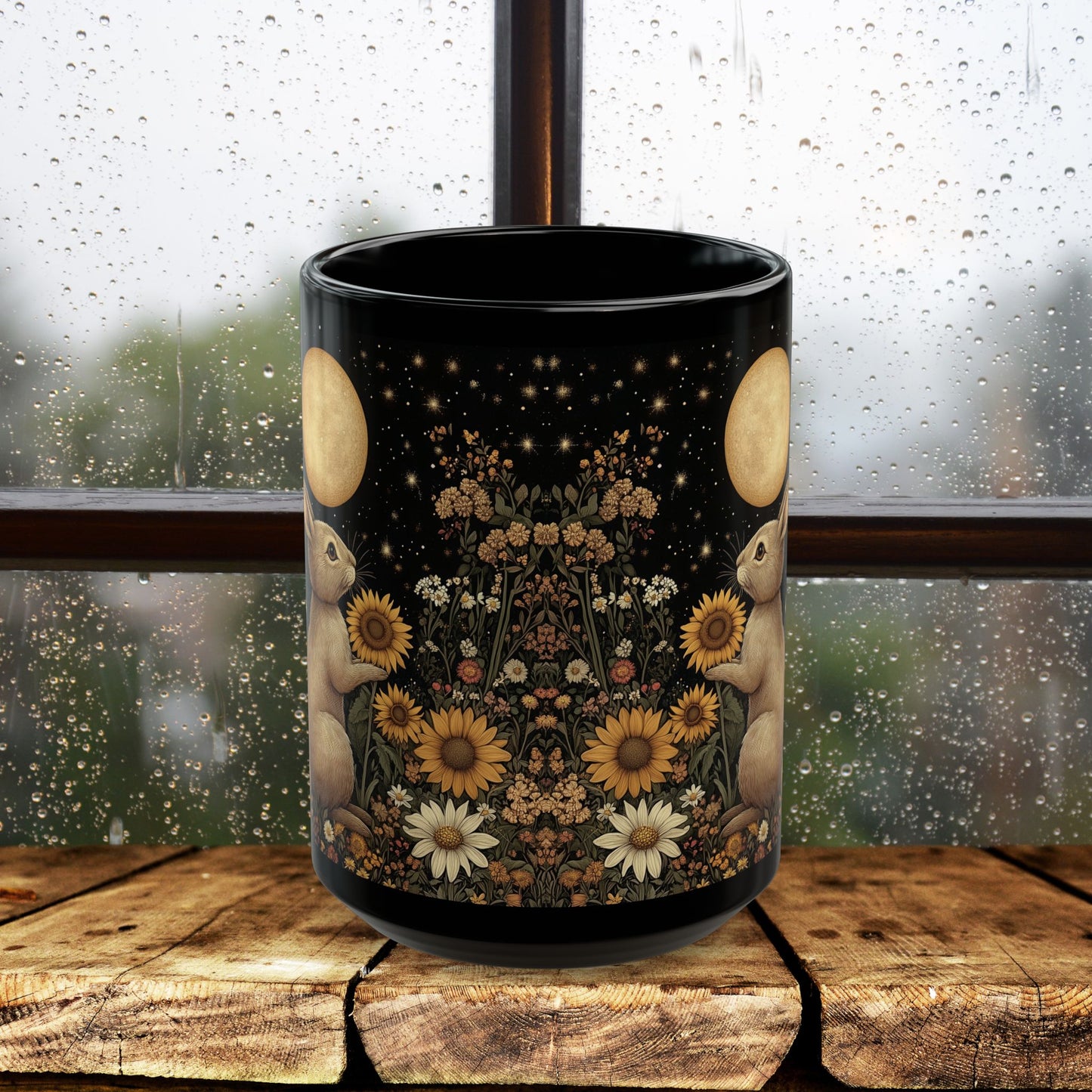 Moon Rabbit Coffee Mug, William Morris Inspired Floral Bunny Black Ceramic Cup (11oz, 15oz)