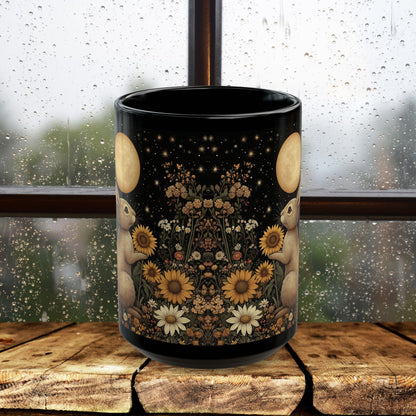 Moon Rabbit Coffee Mug, William Morris Inspired Floral Bunny Black Ceramic Cup (11oz, 15oz)