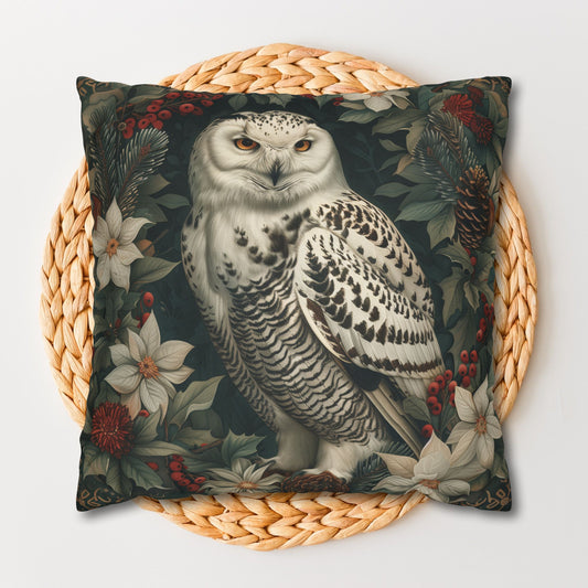 Snowy Owl Pillowcase, Winter Woodland Cushion, William Morris Inspired