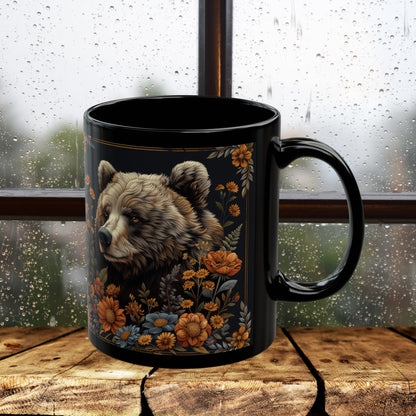 William Morris Inspired Floral Mama Bear Black Coffee Mug 11oz, 15 oz