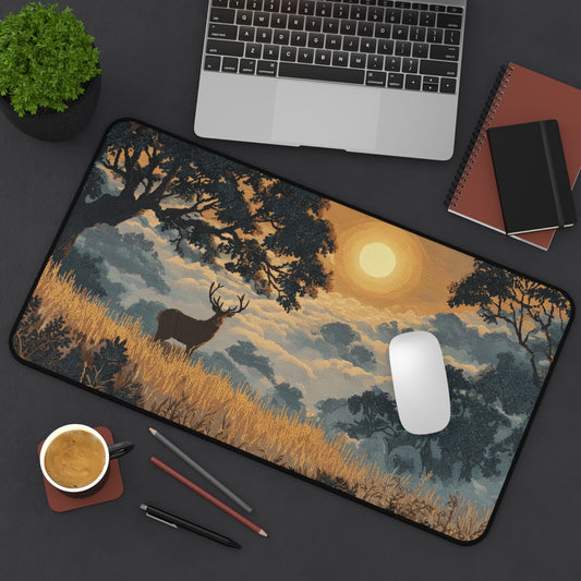 Golden Sunset Deer Desk Mat, Rustic Woodland Stag Mouse Pad, Nature Landscape Desk Pad, Warm Aesthetic Workspace Decor