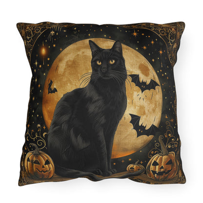 Halloween Black Cat Outdoor Pillow, Spooky Moon Throw Pillow, Pumpkin Cat Cushion, Gothic Fall Decor, Patio Accent Pillow