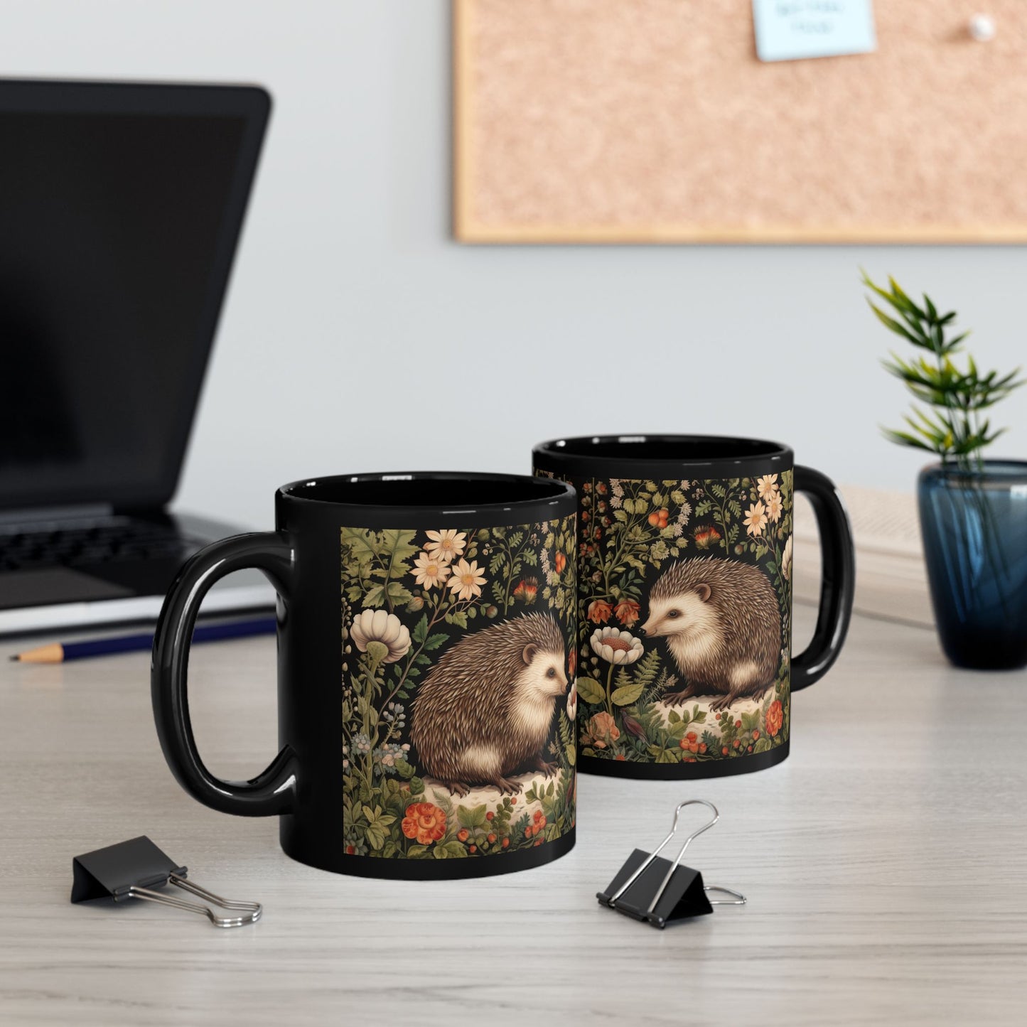 William Morris Inspired Botanical Hedgehog Black Coffee Mug For Her Him Ceramic Mug Black Mug 11oz, 15oz