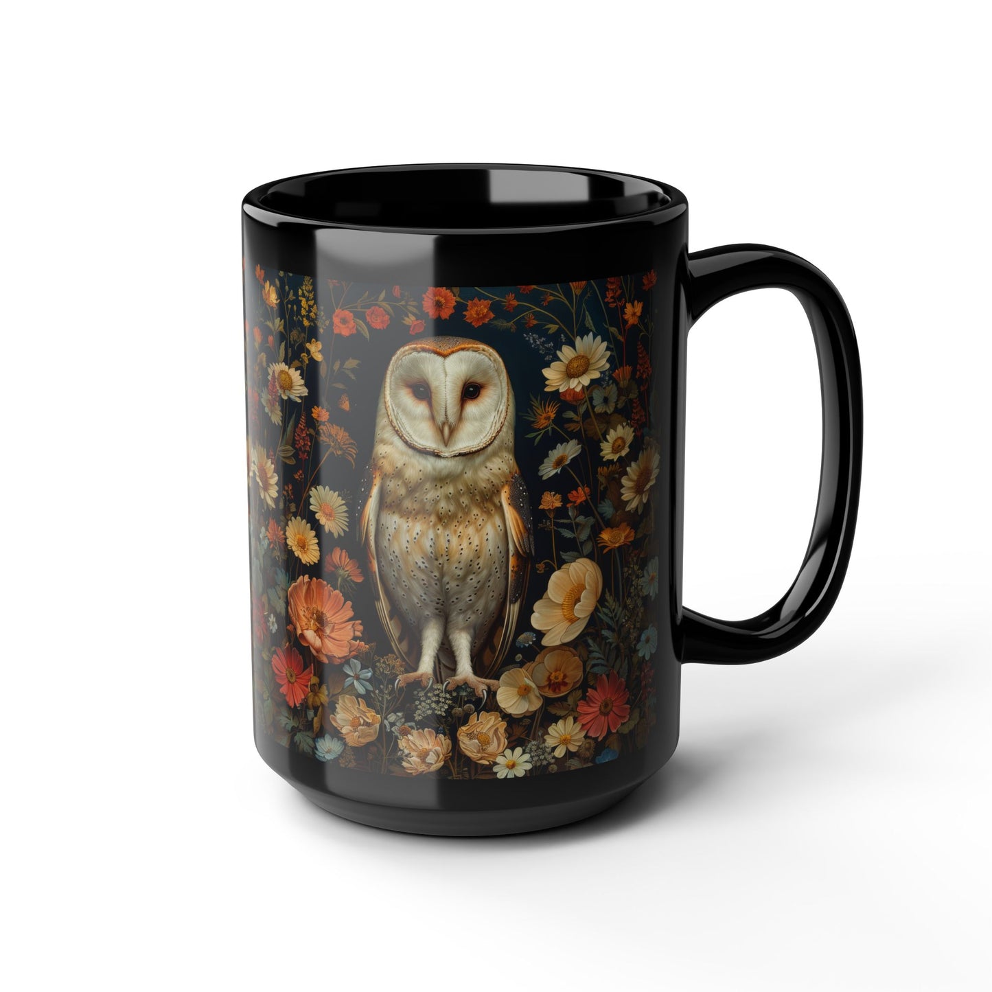 William Morris Inspired Barn Owl Wildflowers Black Coffee Mug 11oz | Mystical Owl For Her Him Ceramic Mug Black Mug