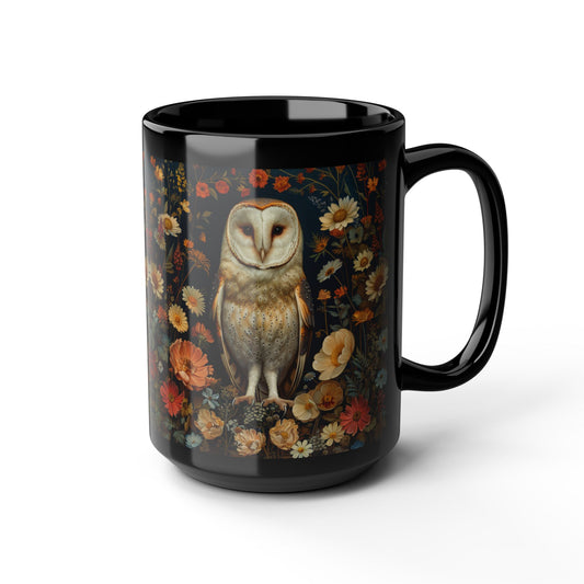 William Morris Inspired Barn Owl Wildflowers Black Coffee Mug 11oz | Mystical Owl For Her Him Ceramic Mug Black Mug