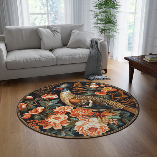 Botanical Wild Pheasant William Morris Inspired Round Area Rug | Elegant Fall-Inspired Living Room Home Decor Rug