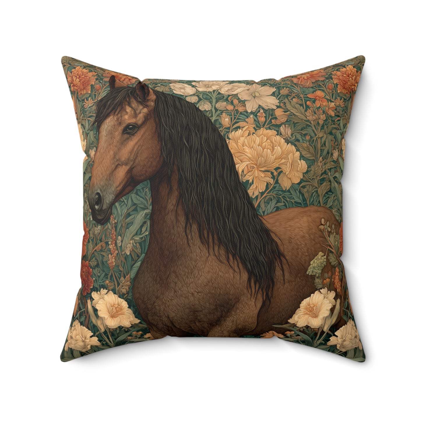 Majestic Horse Floral Pillow, William Morris Style Botanical Equestrian Cushion