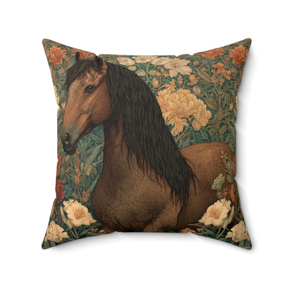 Majestic Horse Floral Pillow, William Morris Style Botanical Equestrian Cushion